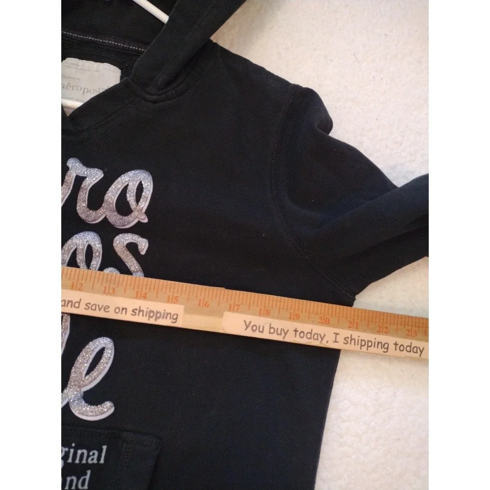 Aeropostale Hooded Sweatshirt Kid XL‎ Black Silver Glitter Logo Pullover Junior